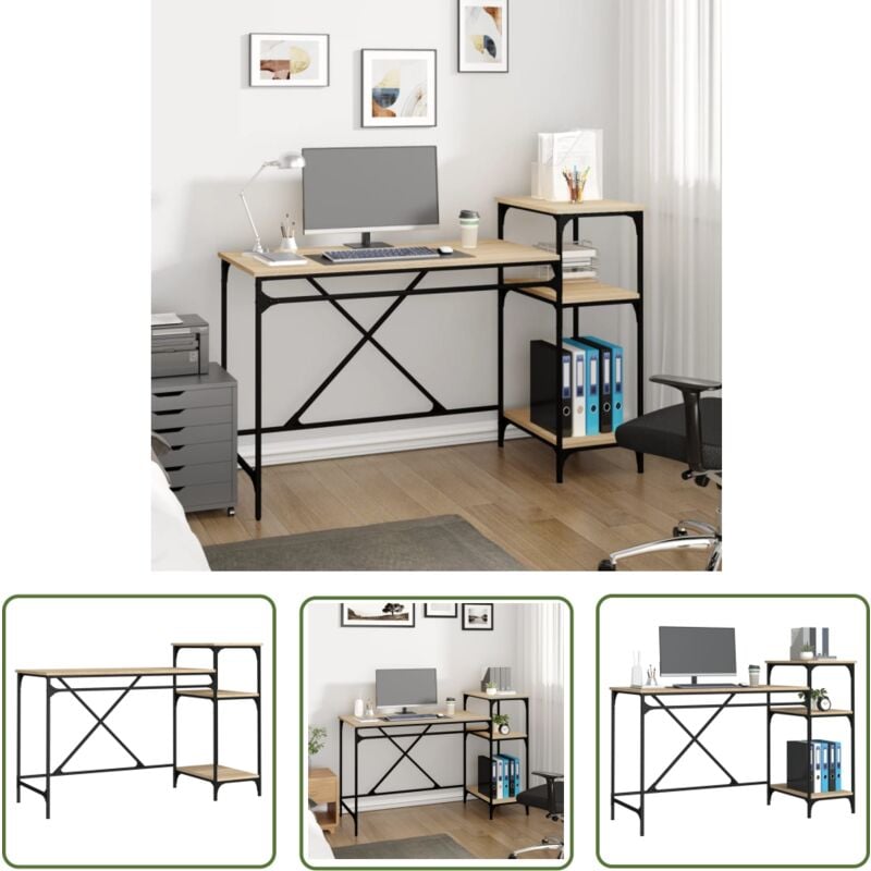 The Living Store - Schreibtisch mit Regal Sonoma-Eiche 135x50x90 cm Holzwerkstoff - Industrielles Schreibtisch - Schreibtisch Mit Regalen