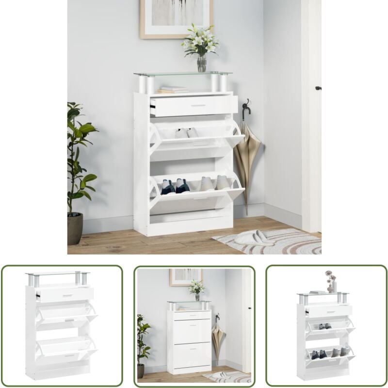 The Living Store - Schuhschrank Hochglanz-Weiß 63x24x104 cm Holzwerkstoff - Schuhschrank - Holzwerkstoffmöbel - Garderobe - Schuhorganisation