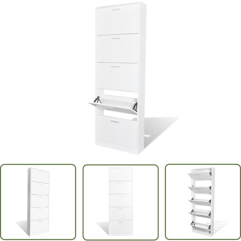 The Living Store - Schuhschrank mit 5 Schuhkippern Weiß Holz - Schuhschrank - Schuhregal - Aufbewahrung - Organisation - Garderobe