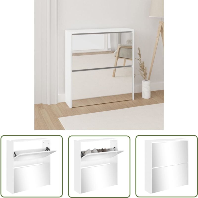 The Living Store - Schuhschrank mit Spiegel 2 Fächer Hochglanz-Weiß 63x17x67 cm - Schuhschrank - Schuhregal - Garderobe - Einbauschrank - Aufbewahrung
