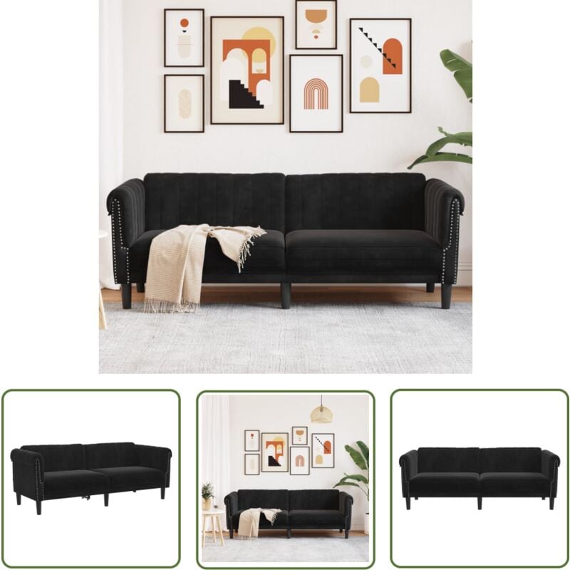 The Living Store - Sofa 3-Sitzer Schwarz Samt - Samtsofa - 3-Sitzer Sofa - Wohnzimmersofa - Schwarzes Sofa - Modernes Sofa