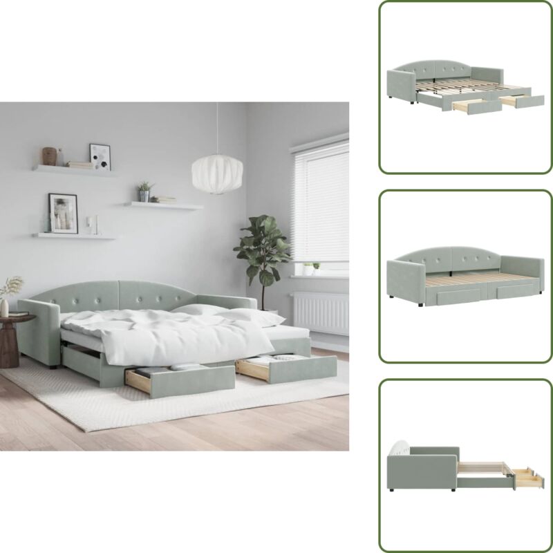 The Living Store - Tagesbett Ausziehbar mit Schubladen Hellgrau 100x200 cm Samt - Sofa Bett - Schlafcouch - Gästebett - Tagesbett - Wohnzimmer Möbel