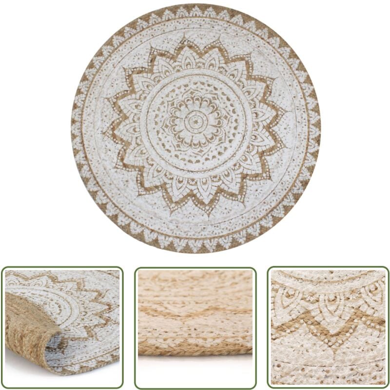 The Living Store - Teppich Jute Geflochten Bedruckt 150 cm Rund - Jute Teppich - Runder Teppich - Naturfaser Teppich - Mandala Teppich - Handmade