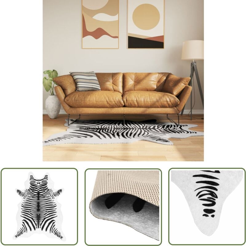 The Living Store - Teppich Schwarz Weiß 120x170 cm Zebramuster Waschbar Rutschfest - Samt Teppich - Wohnzimmer Teppich - Tiermuster Teppich - Zebra