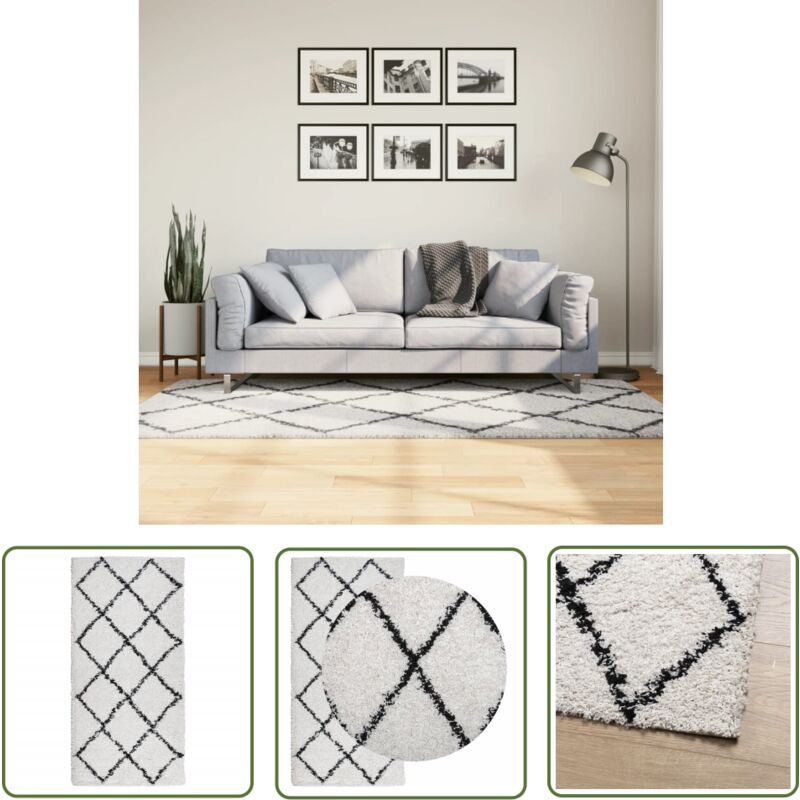The Living Store - Teppich Shaggy Hochflor Modern Creme und Schwarz 100x200 cm - Shaggy Teppich - Hochflor Teppich - Cremefarbener Teppich