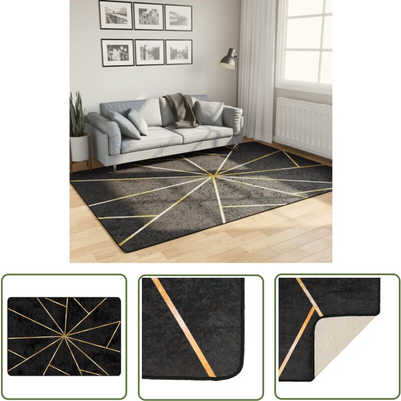 The Living Store - Teppich Waschbar Schwarz und Golden 160x230 cm Rutschfest - Samt Teppich - Wohnzimmerteppich - Teppich Schwarz Gold - Digitaldruck