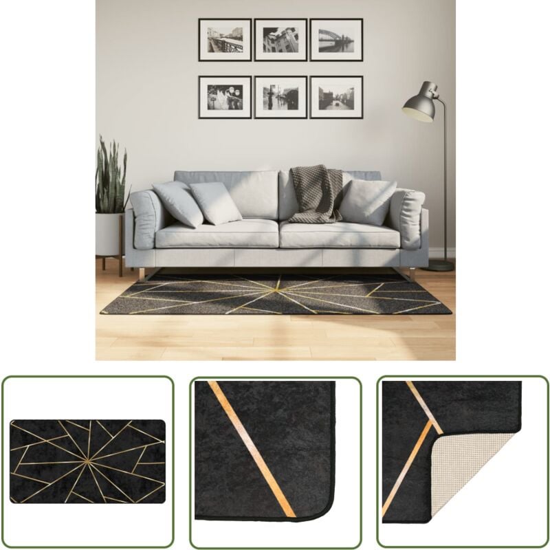 The Living Store - Teppich Waschbar Schwarz und Golden 80x150 cm Rutschfest - Samt Teppich - Wohnzimmerteppich - Flur Teppich - Schlafzimmer Teppich