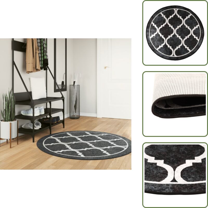 The Living Store - Teppich Waschbar Schwarz und Weiß ø 120 cm Rutschfest - Samt Teppich - Wohnzimmerteppich - Rund Teppich - Schwarz Weiß