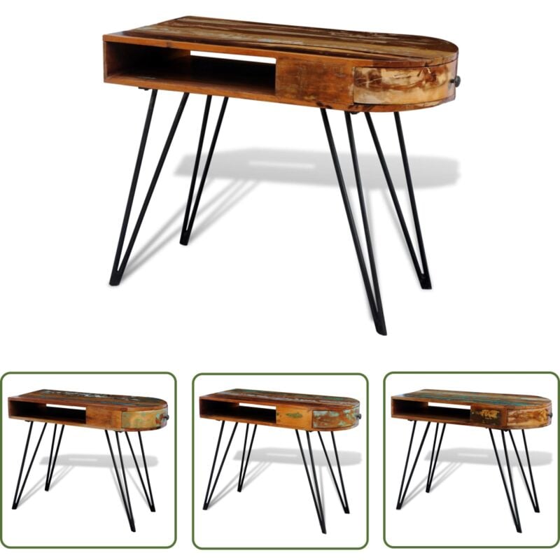 The Living Store Schreibtisch Altholz Massiv mit Eisenbeinen - Altholzmöbel - Vintage Schreibtisch - Retro Schreibtisch - Holz Schreibtisch