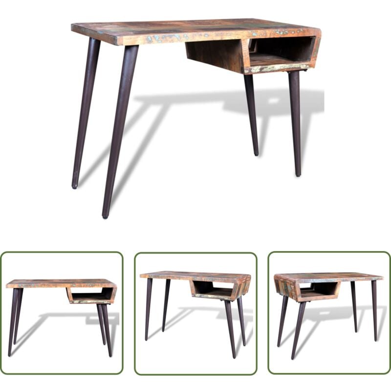 The Living Store Schreibtisch Altholz mit Eisenbeinen - Vintage Schreibtisch - Altholz Schreibtisch - Retro Schreibtisch - Schreibtisch Antik Stil