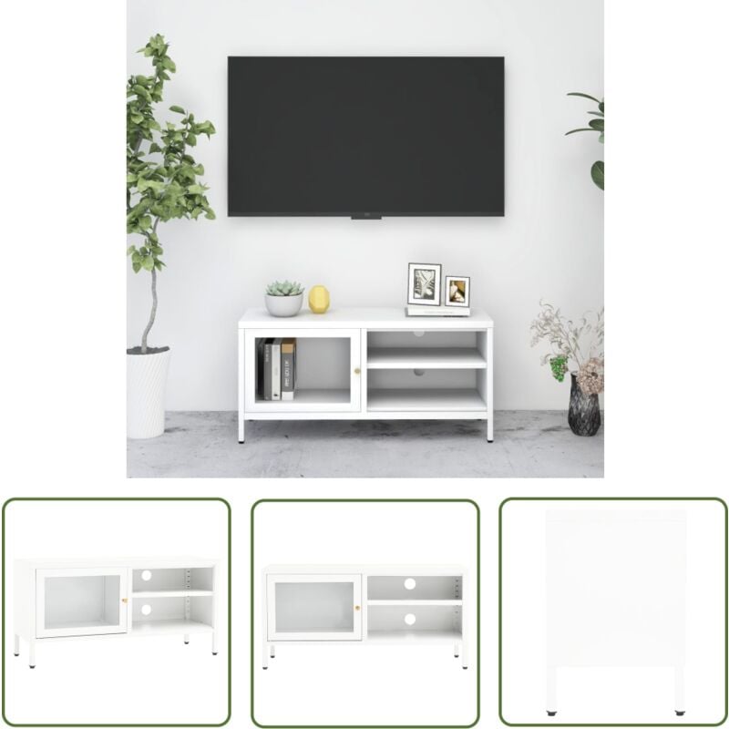 The Living Store - TV-Schrank Weiß 90x30x44 cm Stahl und Glas - Fernsehschränkchen - TV-Stand - Weißes Möbelstück - Wohnzimmerschrank
