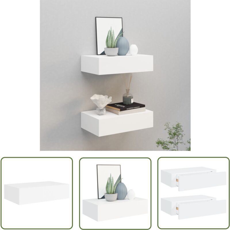 The Living Store - Wandregale mit Schubladen 2 Stk. Weiß 40x23,5x10 cm mdf - Wand Regal - Regal Mit Schublade - Weißes Regal - Möbel Für Wohnzimmer