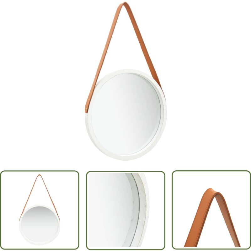 The Living Store Wandspiegel mit Gürtel 40 cm Weiß - Vintage Spiegel - Wandspiegel - Runder Spiegel - Dekorativer Spiegel - Paulownia Holz