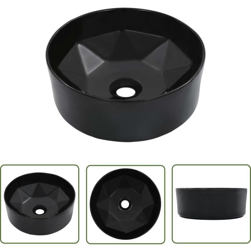 The Living Store - Waschbecken 36 x 14 cm Keramik Schwarz - Rundes Waschbecken - Keramik Waschbecken - Schwarzes Waschbecken - Aufsatzwaschbecken