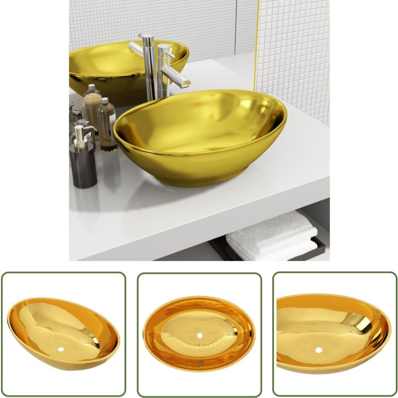 The Living Store - Waschbecken 40 x 33 x 13,5 cm Keramik Golden - Waschbecken - Ovales Waschbecken - Keramik-Waschbecken - Goldenes Waschbecken