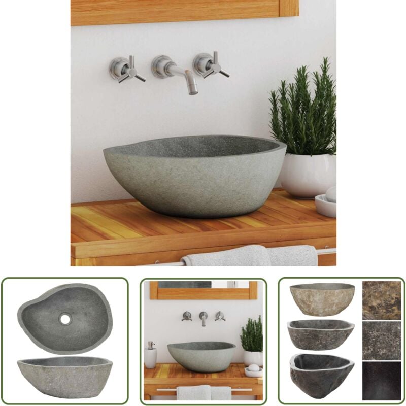 The Living Store - Waschbecken Flussstein Oval (37-46)x(29-36) cm - Flussenstein Waschbecken - Ovales Waschbecken - Naturstein Waschbecken