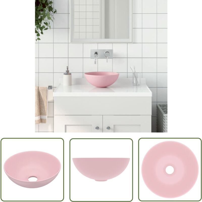 The Living Store - Waschbecken Keramik Mattrosa Rund - VidaXL Waschbecken - Keramik Waschbecken - Rundes Waschbecken - Matt Rosa - Aufsetzwaschbecken