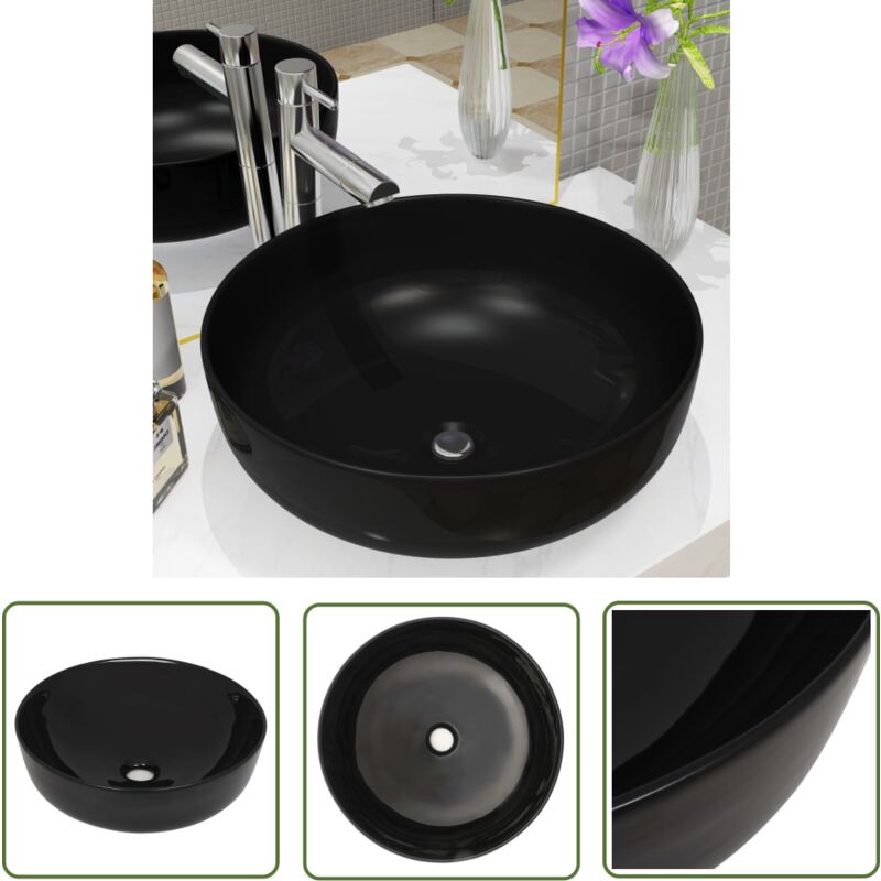 The Living Store - Waschbecken Keramik Rund Schwarz 41,5 x 13,5 cm - Waschbecken - Keramikwaschbecken - Rundes Waschbecken - Schwarzes Waschbecken