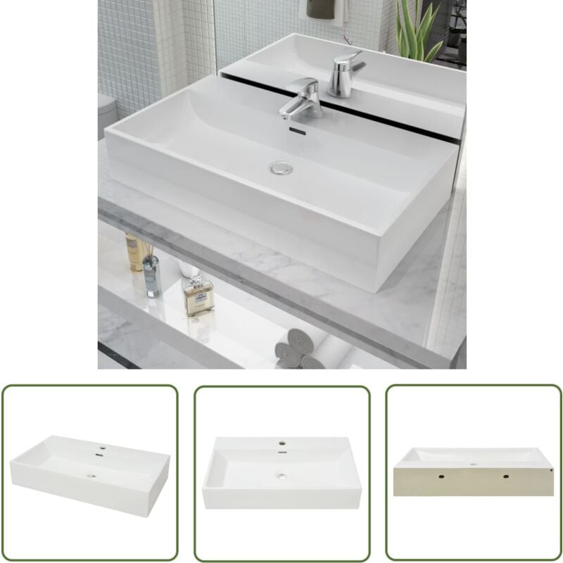 The Living Store - Waschbecken mit Hahnloch Keramik Weiß 76x42,5x14,5 cm - Waschbecken - Keramikwaschbecken - Weißes Waschbecken - Aufsetzwaschbecken