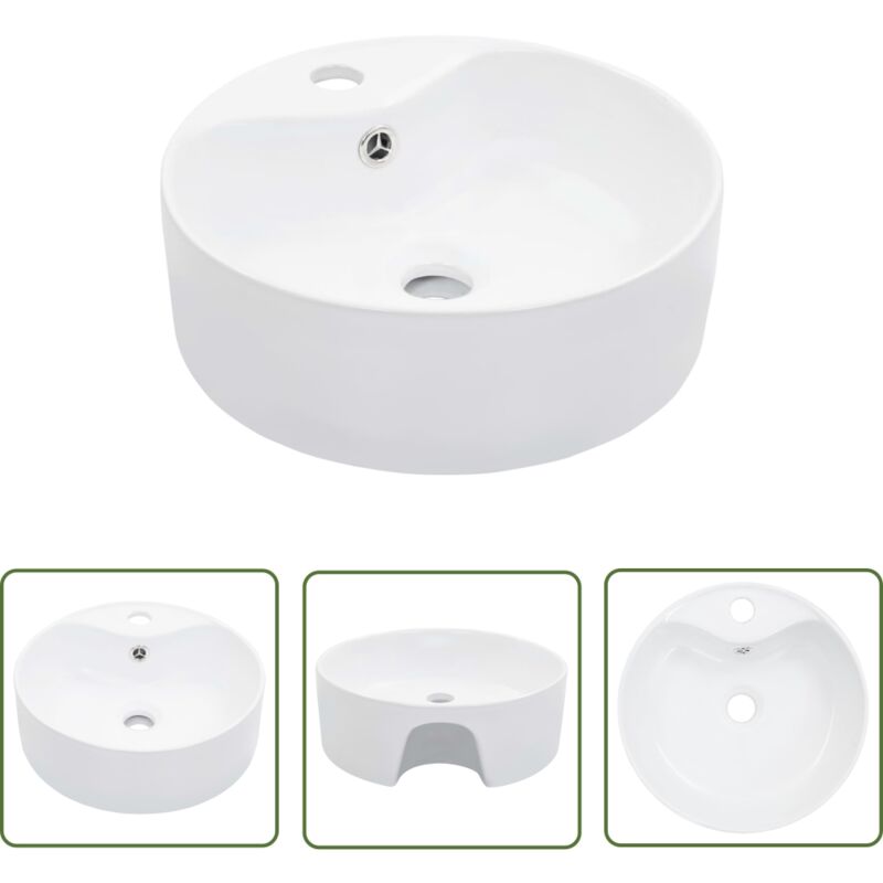 The Living Store Waschbecken mit Überlauf 36 x 13 cm Keramik Weiß - Rundes Waschbecken - Keramik Waschbecken - Weißes Waschbecken