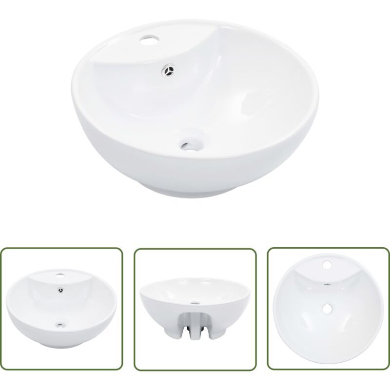 The Living Store - Waschbecken mit Überlauf 46,5 x 18 cm Keramik Weiß - Rundes Waschbecken - Keramik Waschbecken - Weißer Waschbecken