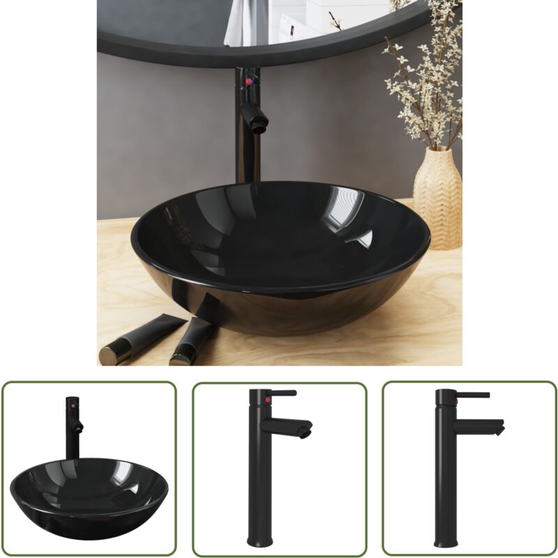 The Living Store - Badezimmer Waschbecken mit Wasserhahn Ablaufgarnitur Schwarz - Rundes Waschbecken - Schwarzes Waschbecken - Glas Waschbecken