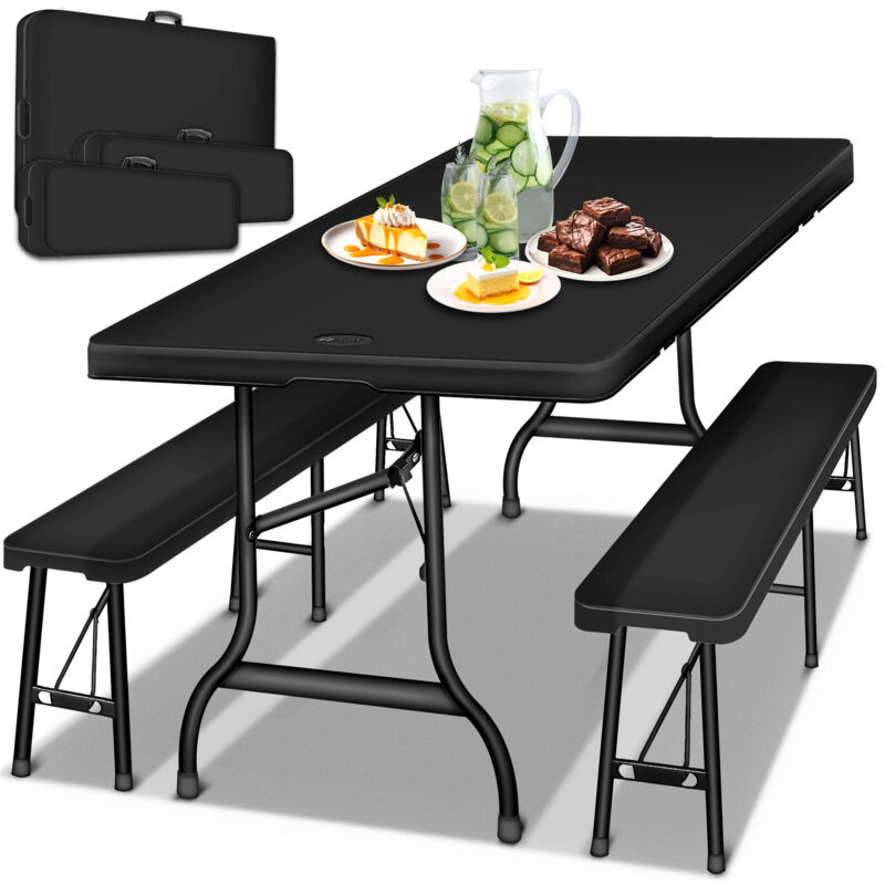 tillvex® Bierzeltgarnitur klappbar schwarz 3-teilig Set Kunststoff Gartengarnitur wetterfest 180 cm Gartenmöbel Set Indoor & Outdoor mit Gartentisch