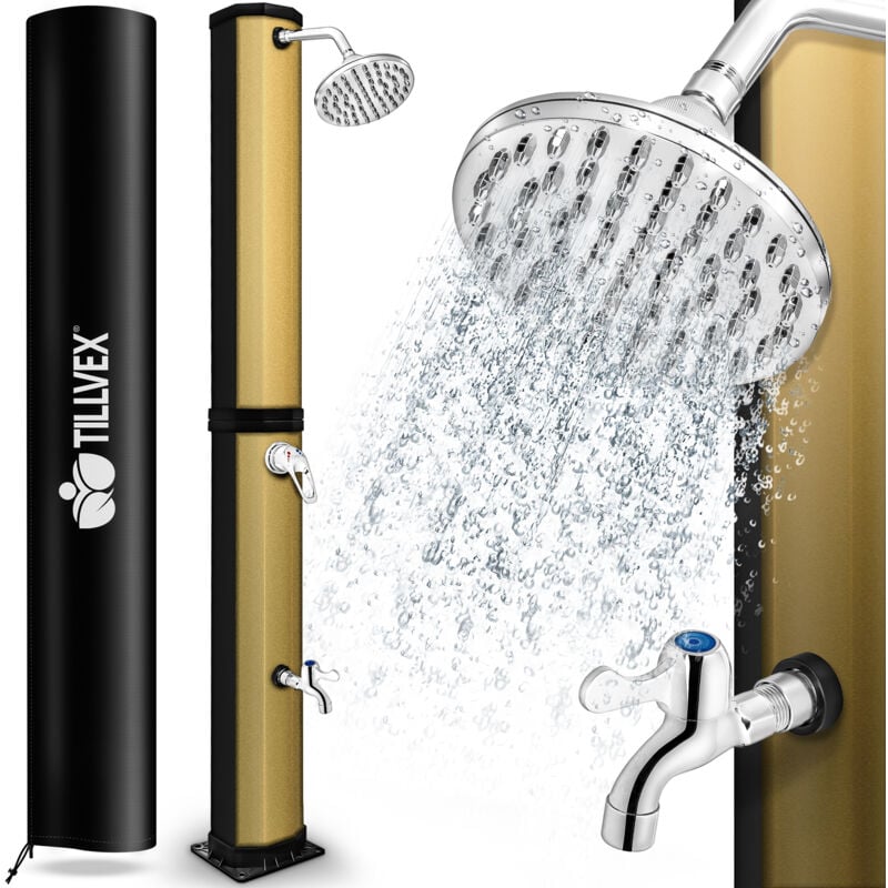 Solardusche 60 Liter Schwarz/Gold inklusive Schutzhaube Gartendusche Pooldusche Camping Pool Solar Außen Dusche Regendusche - Tillvex