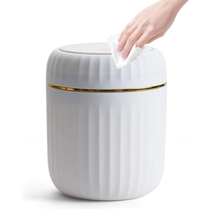 Tisch-Mülleimer mit Druckknopfdeckel, 2 l Mini-Badezimmer-Mülleimer, Büro-Mülleimer für Wohnzimmer, Büro, Weiß (13×13×16cm)