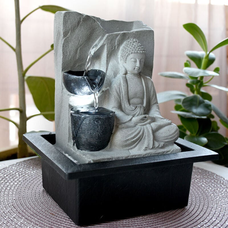 Tischbrunnen mit Pumpe Springbrunnen mit LED Beleuchtung Buddha Design Zimmerbrunnen grau Wohnzimmer Schlafzimmer Dekoration, LxBxH 21x18,5x25,5 cm