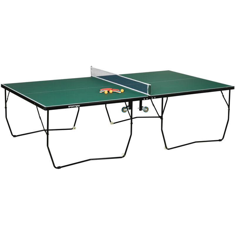 Tischtennisplatte, Klappbar Tischtennistsich inklusive Tischtennisnetz, Rollen, 2 Tischtennisschlägern und 3 Bällen, Stahl, Grün, Tischtennistisch