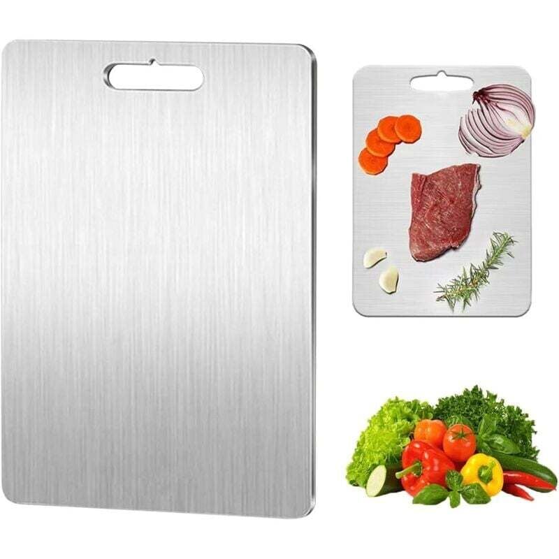 Titan-Schneidebrett – beidseitig Edelstahl – BPA-frei – für Küche, Fleisch, Brot, Gemüse, Obst (34 x 23 cm), von DEBUNS