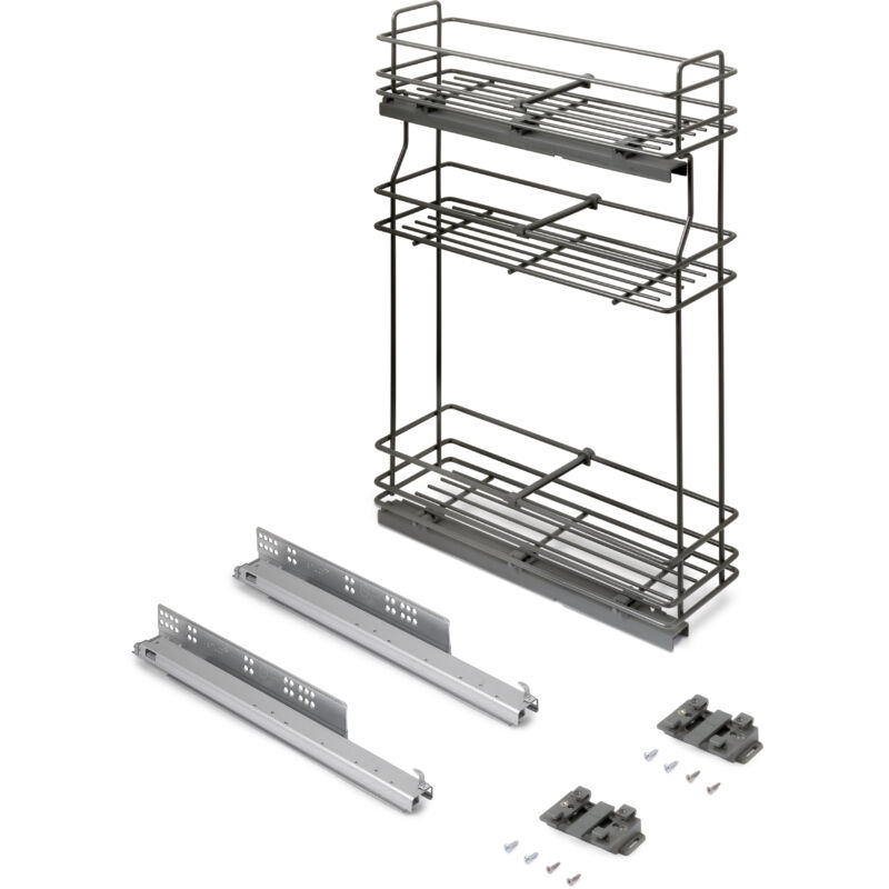Emuca TitaneMax ausziehbares Flaschenregal SupraMax mit sanfter Schließung, linke Seite, 3 Tablets, Modul 200mm, Stahl, Anthrazitgrau