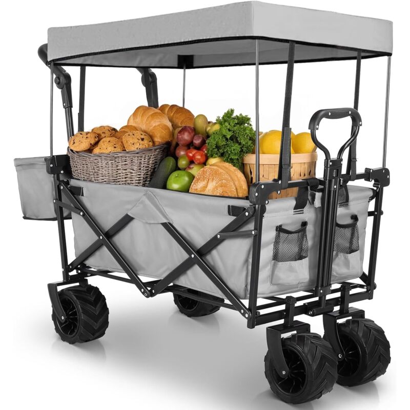 Bollerwagen Faltbar Wagen mit abnehmbarem Verdeck, 250 Pfund Faltbarer Gartenwagen mit Bremsen, mit Getr盲nkehaltern und Teleskopstange,grau - Tlgreen
