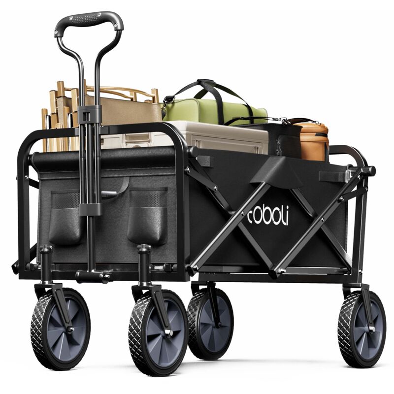 Bollerwagen faltbar Teleskopgriff schwarz, Faltbollerwagen mit Handgriff, Klappbollerwagen bis 100 kg Traglast für Einkauf, Garten, Ausflug - Toboli