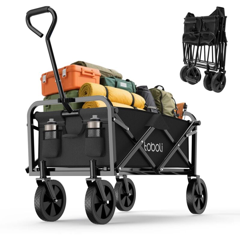 Bollerwagen faltbar offroad schwarz, Faltbollerwagen belastbar bis 100 kg, Klappbollerwagen für Strand, Garten, Einkäufe - Toboli