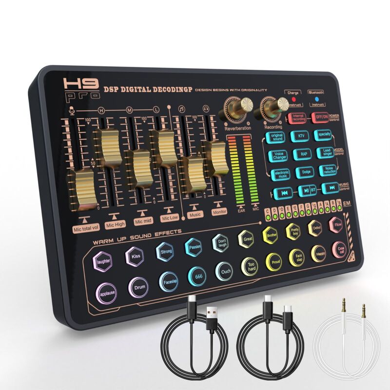 Todeco Audio Mixer, Bluetooth Stereo Audio Mixer mit DJ-Mixer-Effekten und Sprach-Wechsler und Geräuschunterdrückung, Stereo-DJ-Mixer für Aufnahmen,