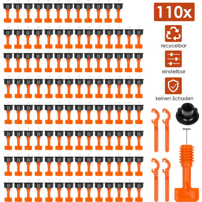 Tolletour - 110 Stück Fliesen Nivelliersystem Kit Wiederverwendbar Fliesen Nivellierer Set Verstellbar Fliesen Abstandshalter mit Spezialschlüssel
