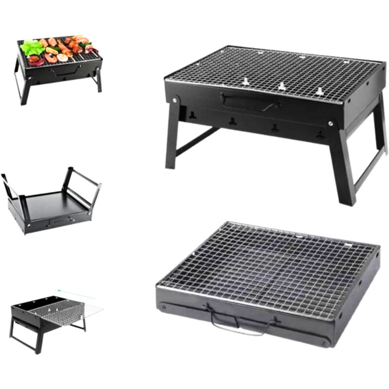 Toolbrothers - Outdoor tragbarer Holzkohle Grill für Camping werkzeuglose Montage 43 x 29 x 23 cm Schwarz Chrom beschichtet Smoker bbq Pit Grill