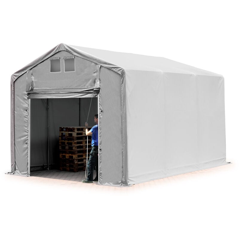 Zelthalle 4x6 m Lagerzelt PRIMEtex 2300 robuste pvc Plane grau 3m Seitenhöhe mit Hochziehtor - Toolport