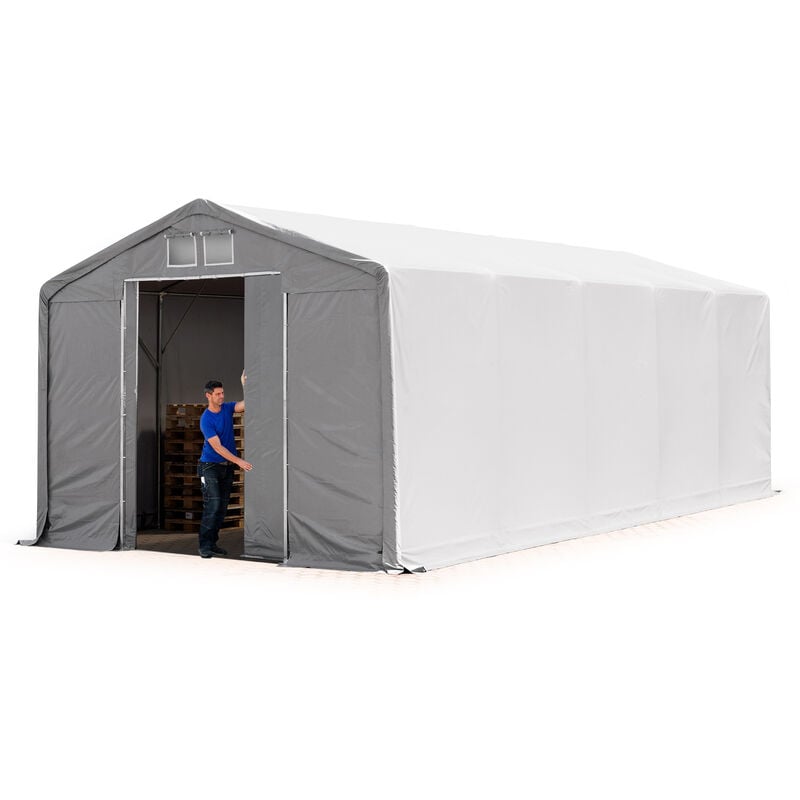 TOOLPORT Zelthalle 5x10 m Lagerzelt PRIMEtex 2300 robuste PVC Plane grau 3m Seitenhöhe mit Schiebetor