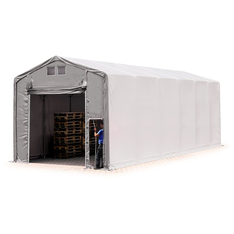TOOLPORT Zelthalle 6x12 m Lagerzelt PRIMEtex 2300 robuste PVC Plane grau 4m Seitenhöhe mit Hochziehtor