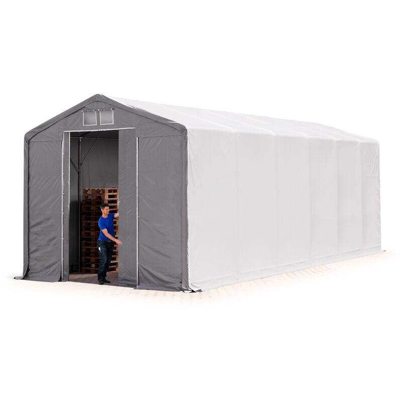 Zelthalle 6x12 m Lagerzelt PRIMEtex 2300 robuste pvc Plane grau 4m Seitenhöhe mit Schiebetor - Toolport