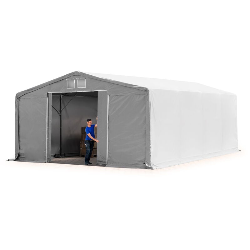 Zelthalle 8x8 m Lagerzelt PRIMEtex 2300 robuste pvc Plane grau 3m Seitenhöhe mit Schiebetor - Toolport