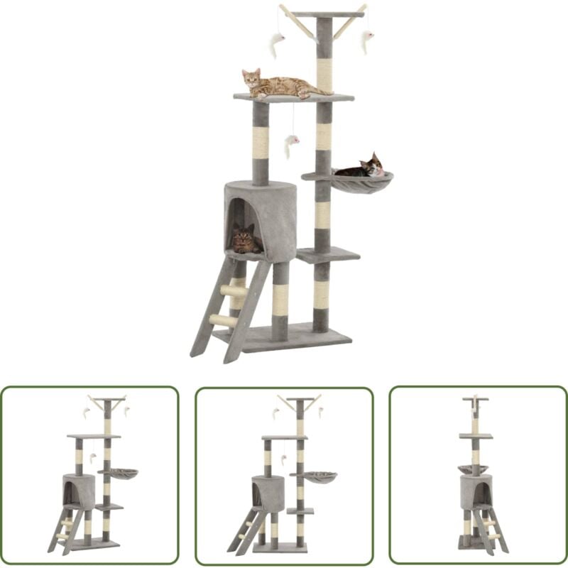 Hommoo - The Living Store Katzen-Kratzbaum mit Sisal-Säulen 138 cm Grau - Katzen Kratzbaum - Sisalsäule - Katzenmöbel - Kratzbaum Grau