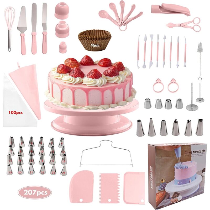 Tortenbackzubehör-Set 207, Gebäckzubehör, Drehteller für Torten, Tortendekoration für Anfänger und Profis, Rosa