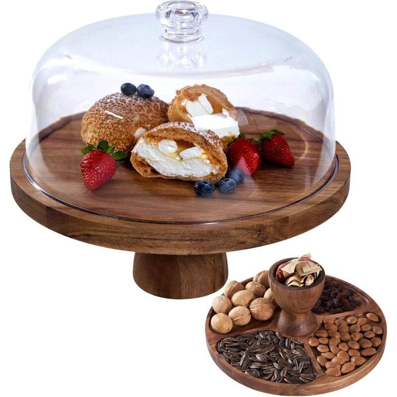 Tortenständer mit Deckel, 30 cm runder, vielseitiger Tortenständer, 2-in-1-Dessert-Servierset aus Akazienholz, Käse- und Wurstbrett, Obsttablett