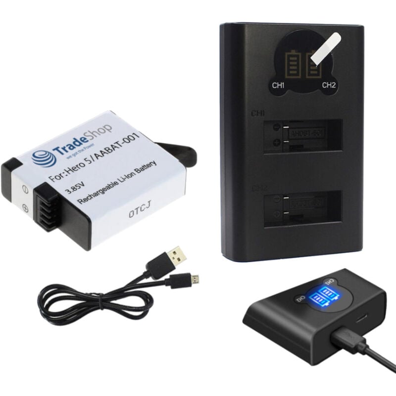 Trade-Shop 2in1 Set: 2x Akku 1250mAh + USB-C Doppel Dual LCD Ladegerät Ladestation für GoPro 025416 421850 AHDBT-701 AHDBT-801 GOP004 IEC 62133 IS