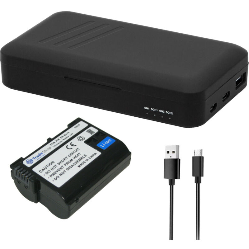 Trade-shop - 2in1 Set: Akku 1900mAh + Dual-Ladegerät usb-c usb-a mit Powerbank-Funktion kompatibel mit Nikon D500 D600 D610 D750 D780 D800 D800E D810
