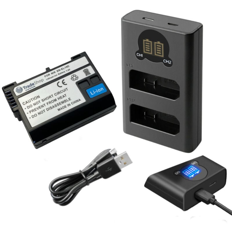 Trade-shop - 2in1 Set: Akku 2400mAh + usb-c Dual lcd Ladegerät Ladestation kompatibel mit Nikon z 5, z 6, z 6 ii, z 7, z 7 ii Digitalkamera